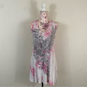 Norcal sz:L Pink & White Rock Angel Lace Cutout Tunic Tank Rhinestone Top Wings